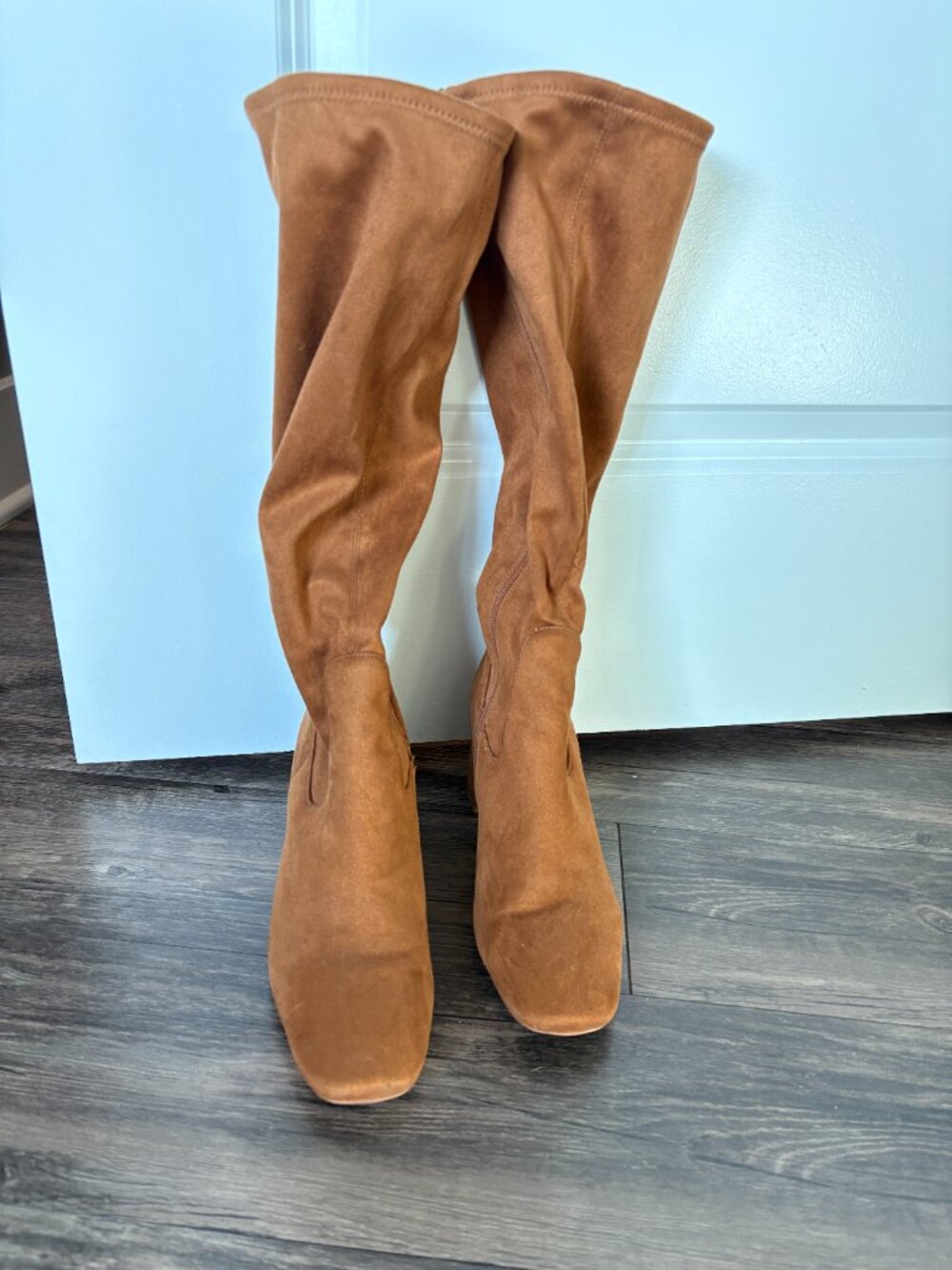 Chestnut Brown Faux Suede Block Heel Knee-High Boots - Size 8.5